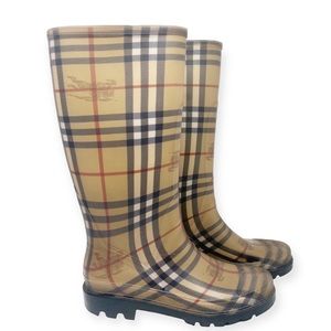 Burberry Boots Rain Snow Nova Check Plaid Tan Black Red Size 6.5
